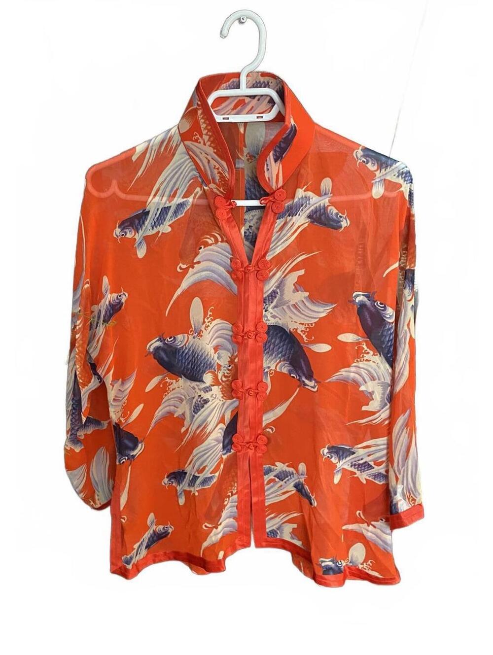 Rare Orange Fish Print Cheongsam Sheer Blouse Size L NWT